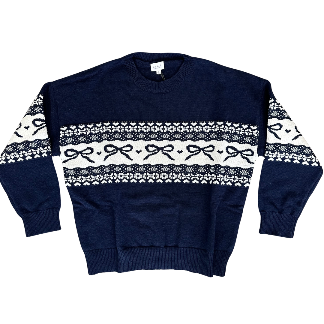 Navy Blue Fair Isle Bow Knit Sweater