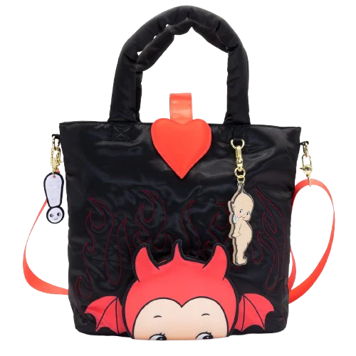 Kewpie Devil Black Puffy Tote Bag w/ Angel Acrylic Charm
