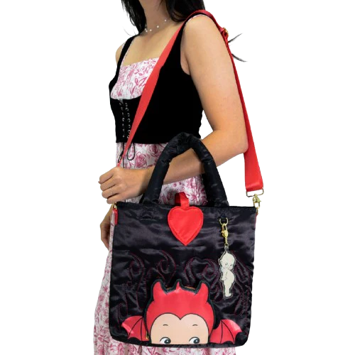 Kewpie Devil Black Puffy Tote Bag w/ Angel Acrylic Charm