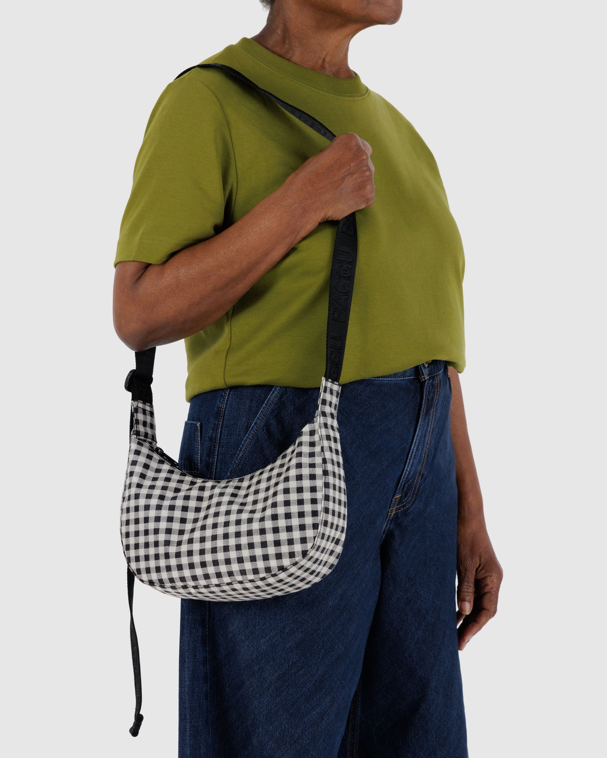 BAGGU Small Nylon Crescent Bag - Black & White Gingham
