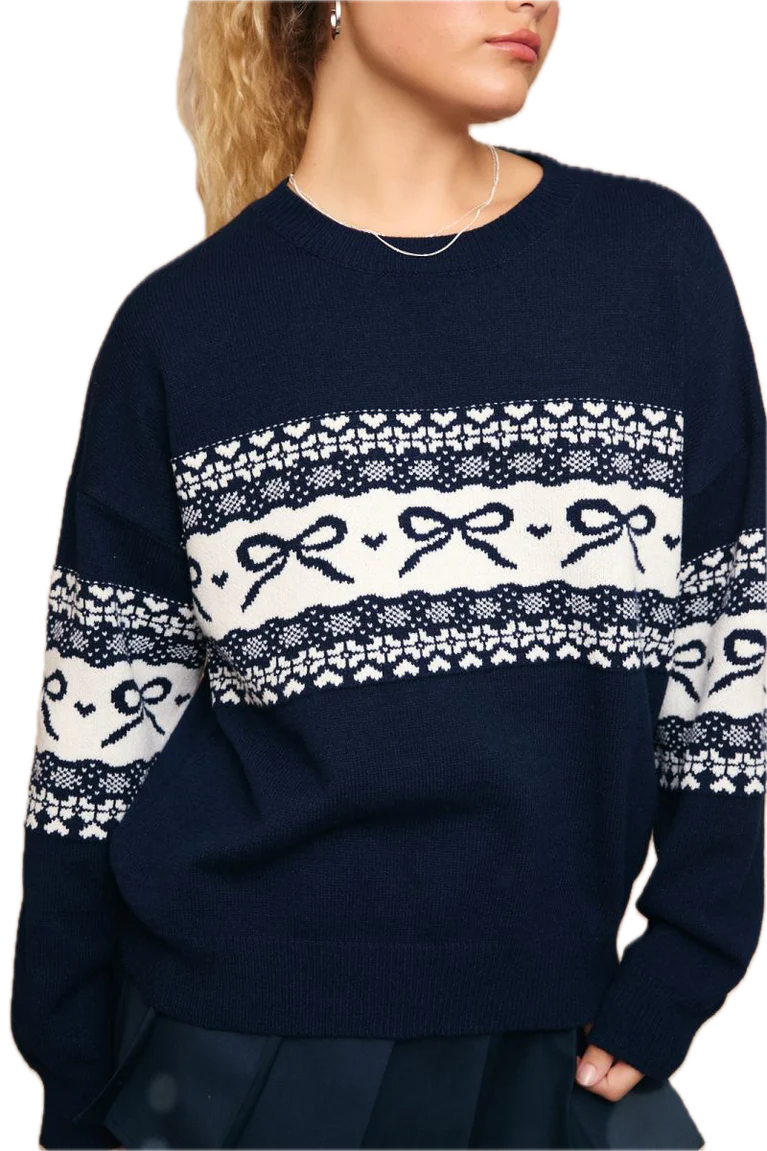 Navy Blue Fair Isle Bow Knit Sweater