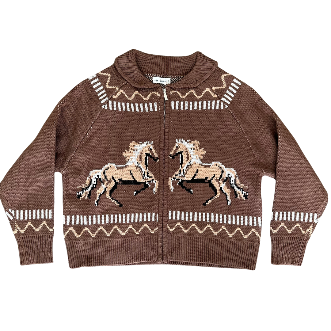Brown Horse Knit Zip Front Cardiagn