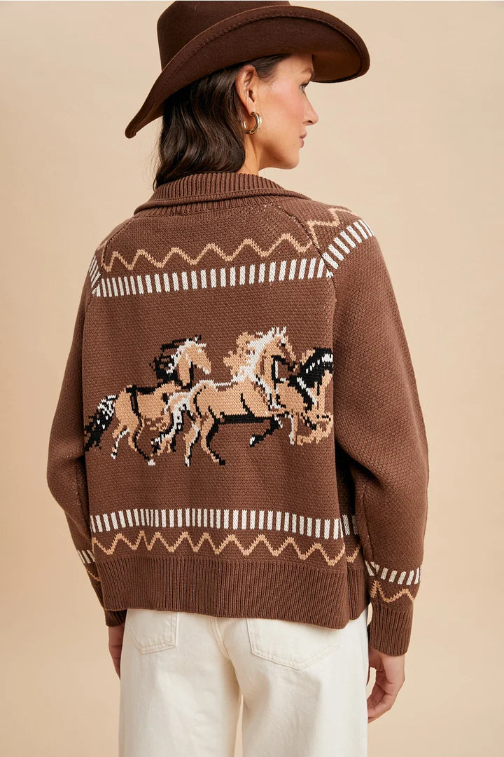 Brown Horse Knit Zip Front Cardiagn
