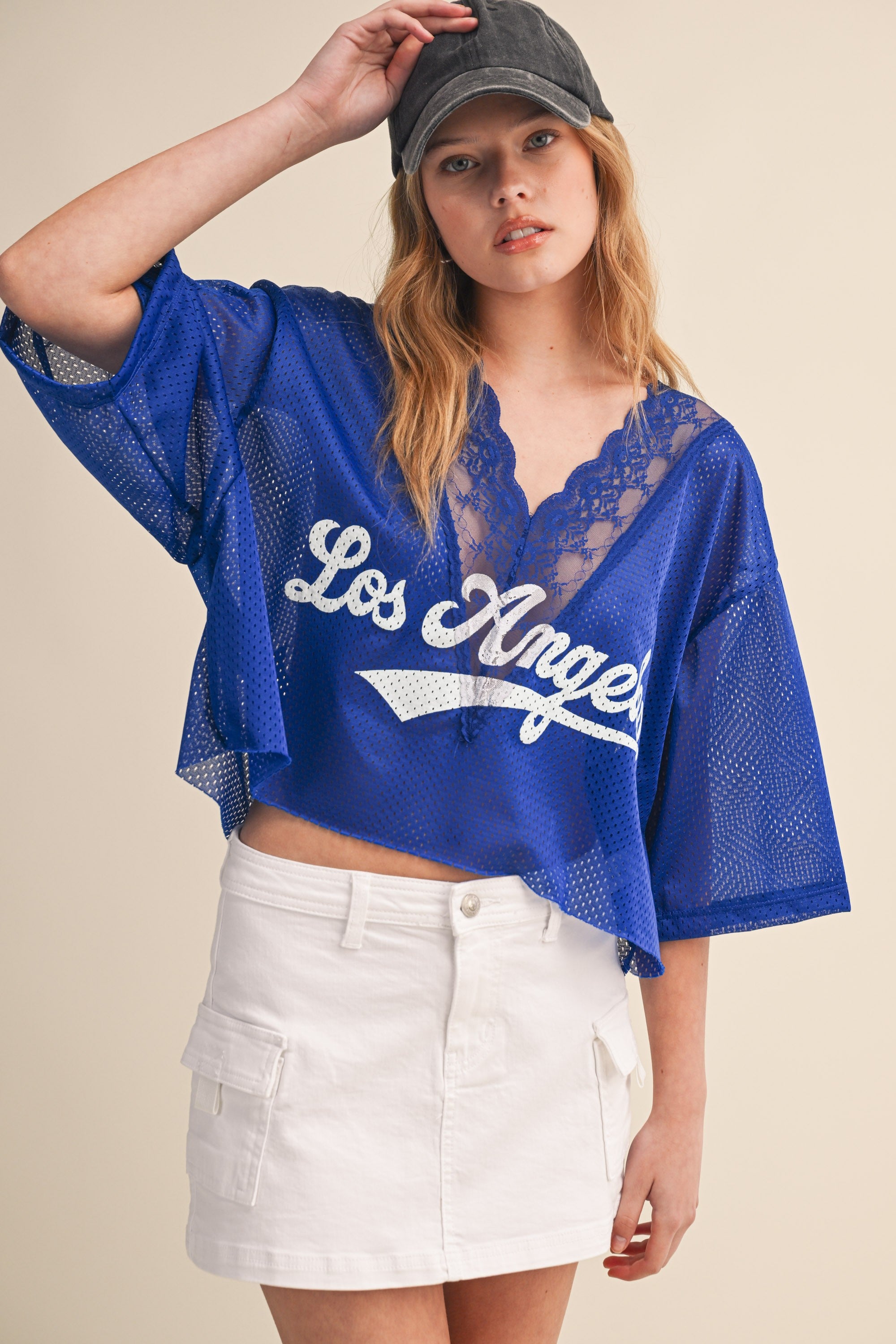 Royal Blue Los Angeles Lace V Neck Jersey