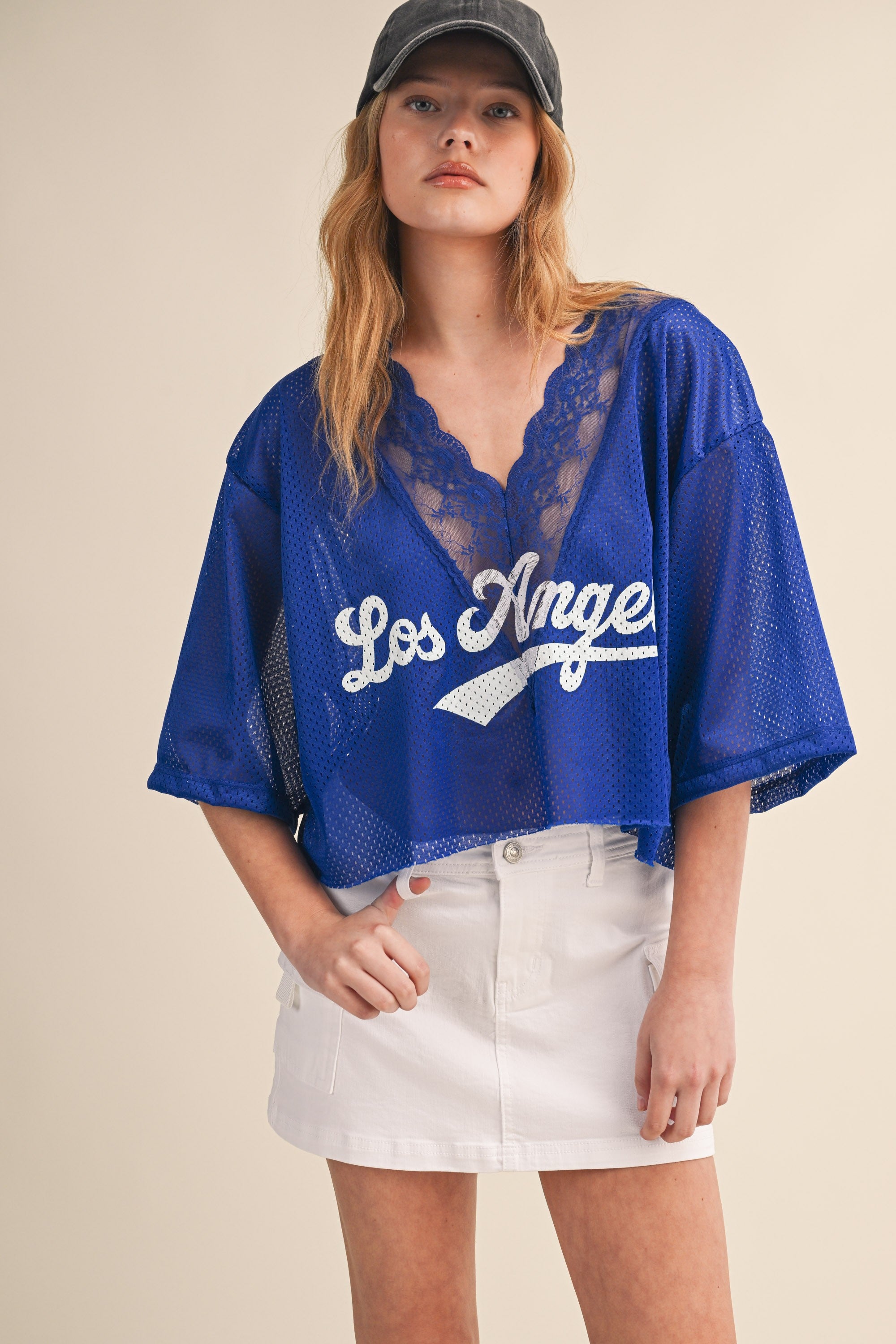 Royal Blue Los Angeles Lace V Neck Jersey