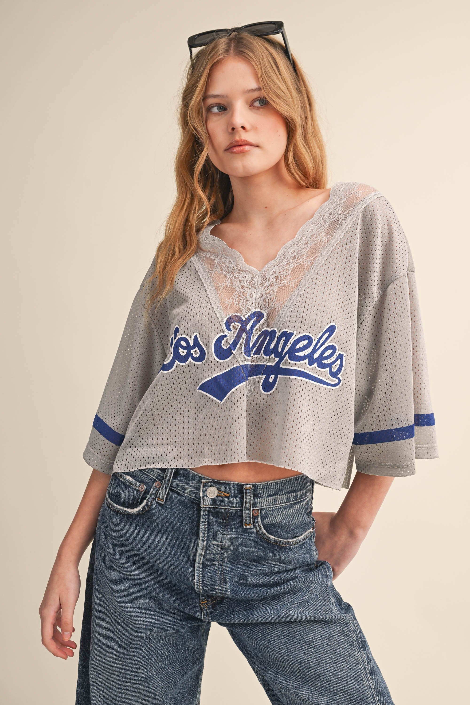 Grey Los Angeles Baseball Lace V Neck Jersey