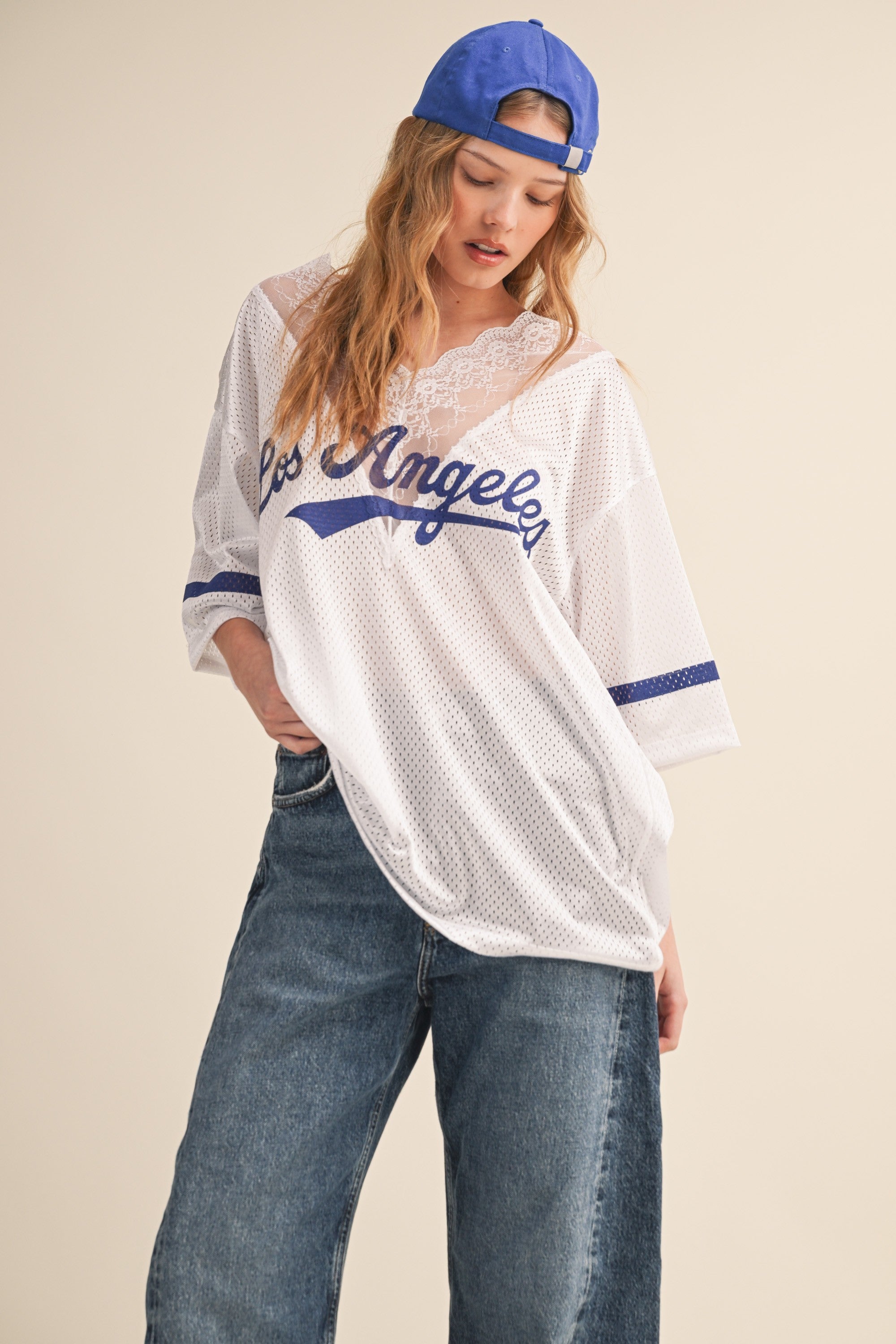 White Los Angeles Baseball Lace V Neck Jersey