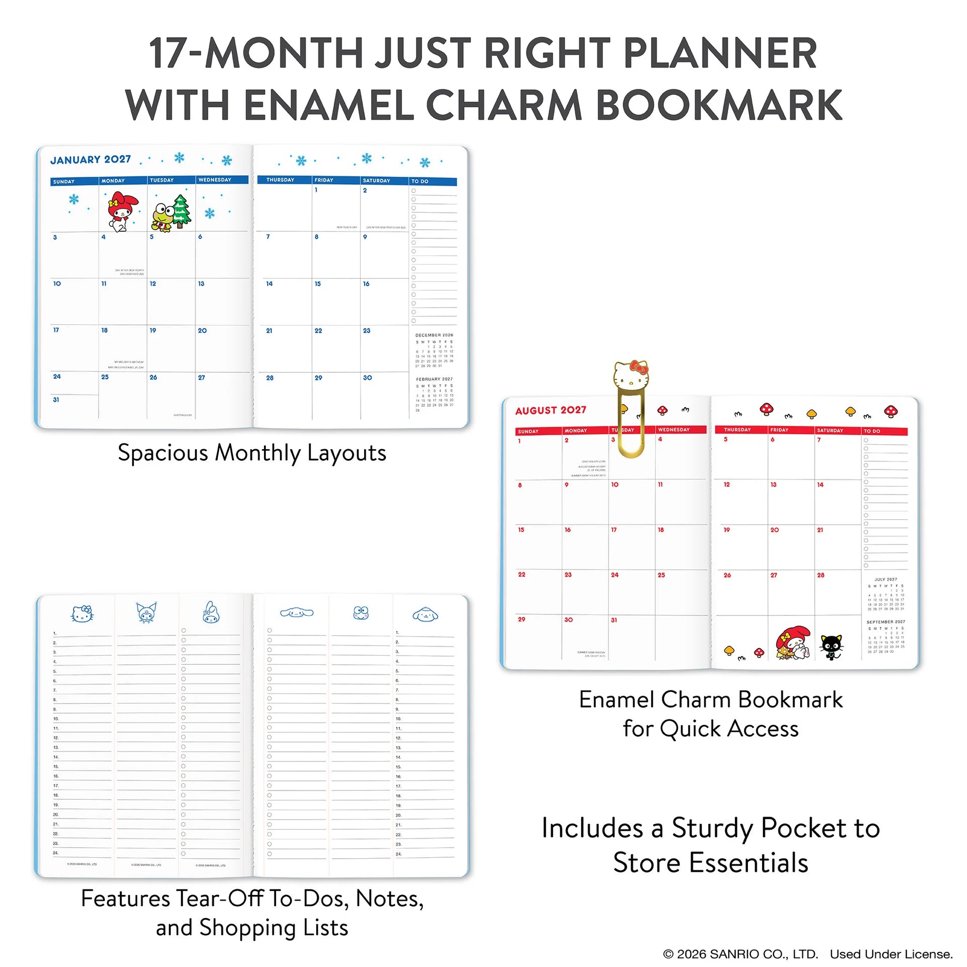 2027 Hello Kitty & Friends Retro Monthly Planner w/ Enamel Charm Bookmark