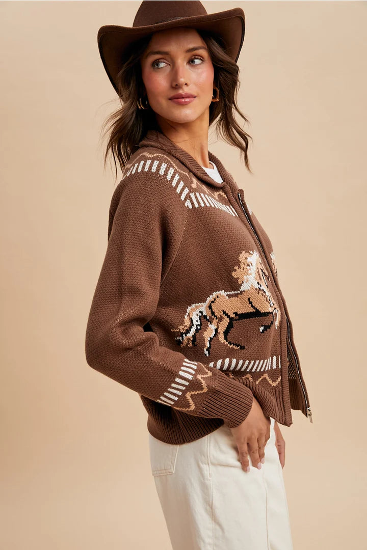 Brown Horse Knit Zip Front Cardiagn