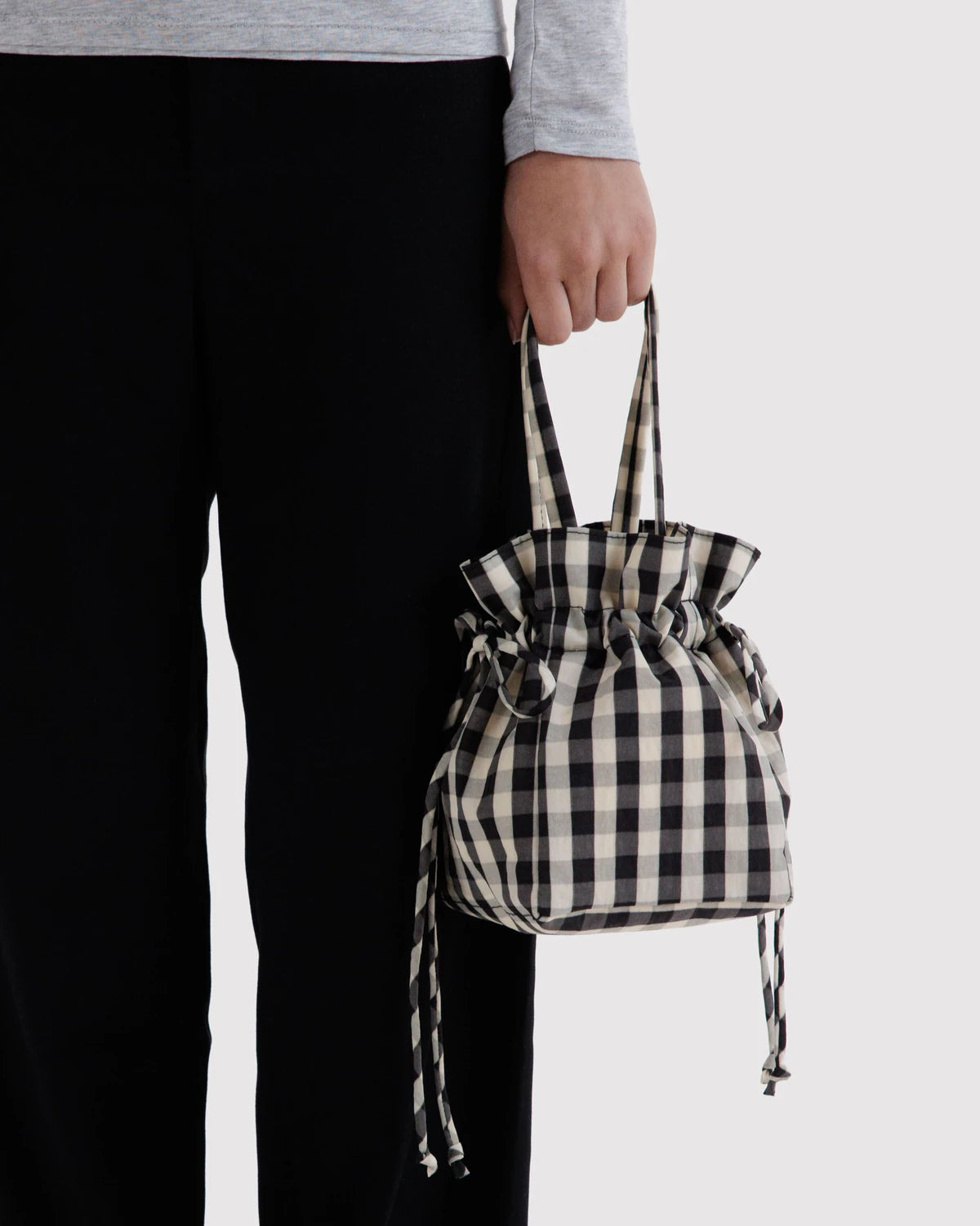 BAGGU Nylon Drawstring Bag - Black & White Gingham