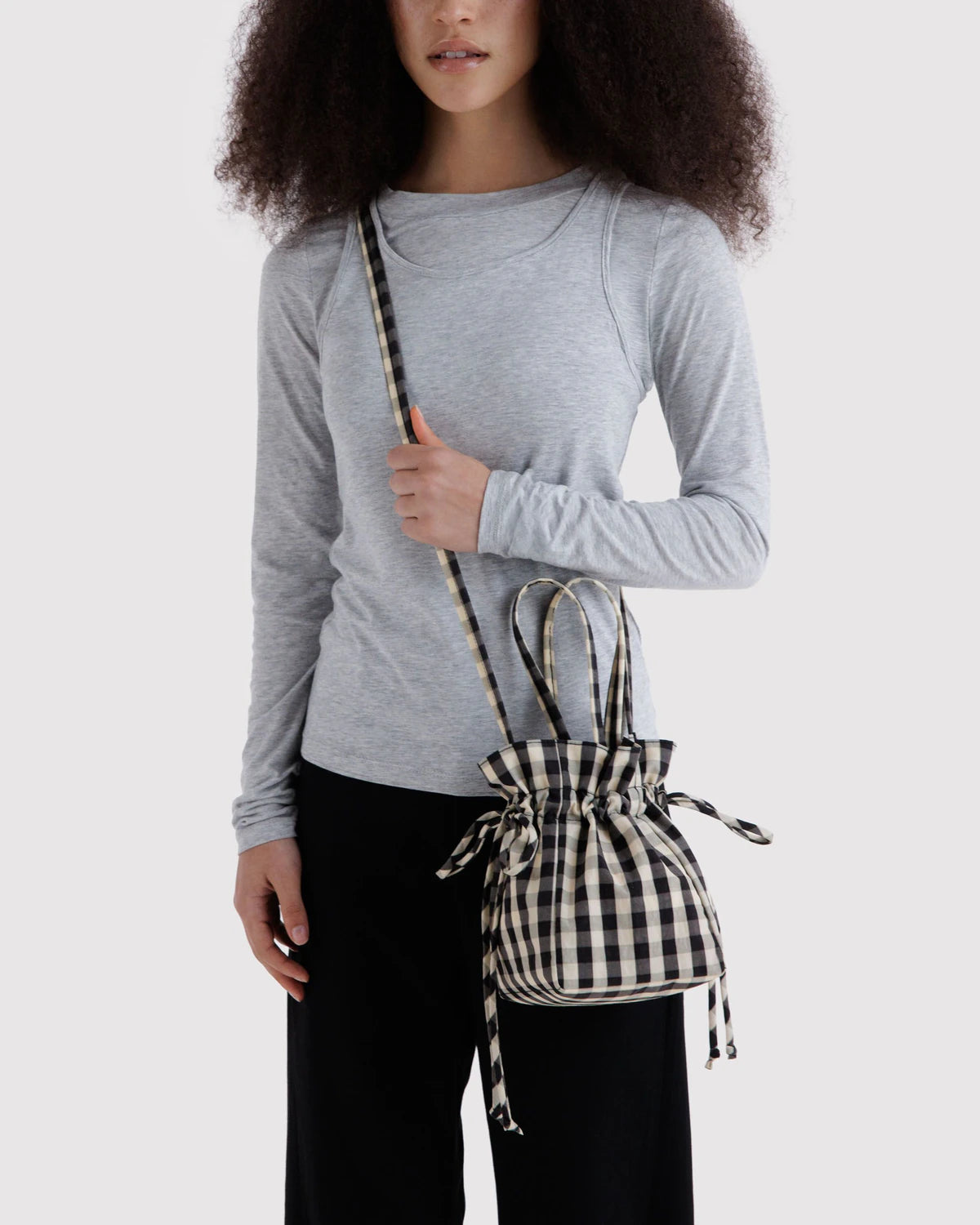 BAGGU Nylon Drawstring Bag - Black & White Gingham