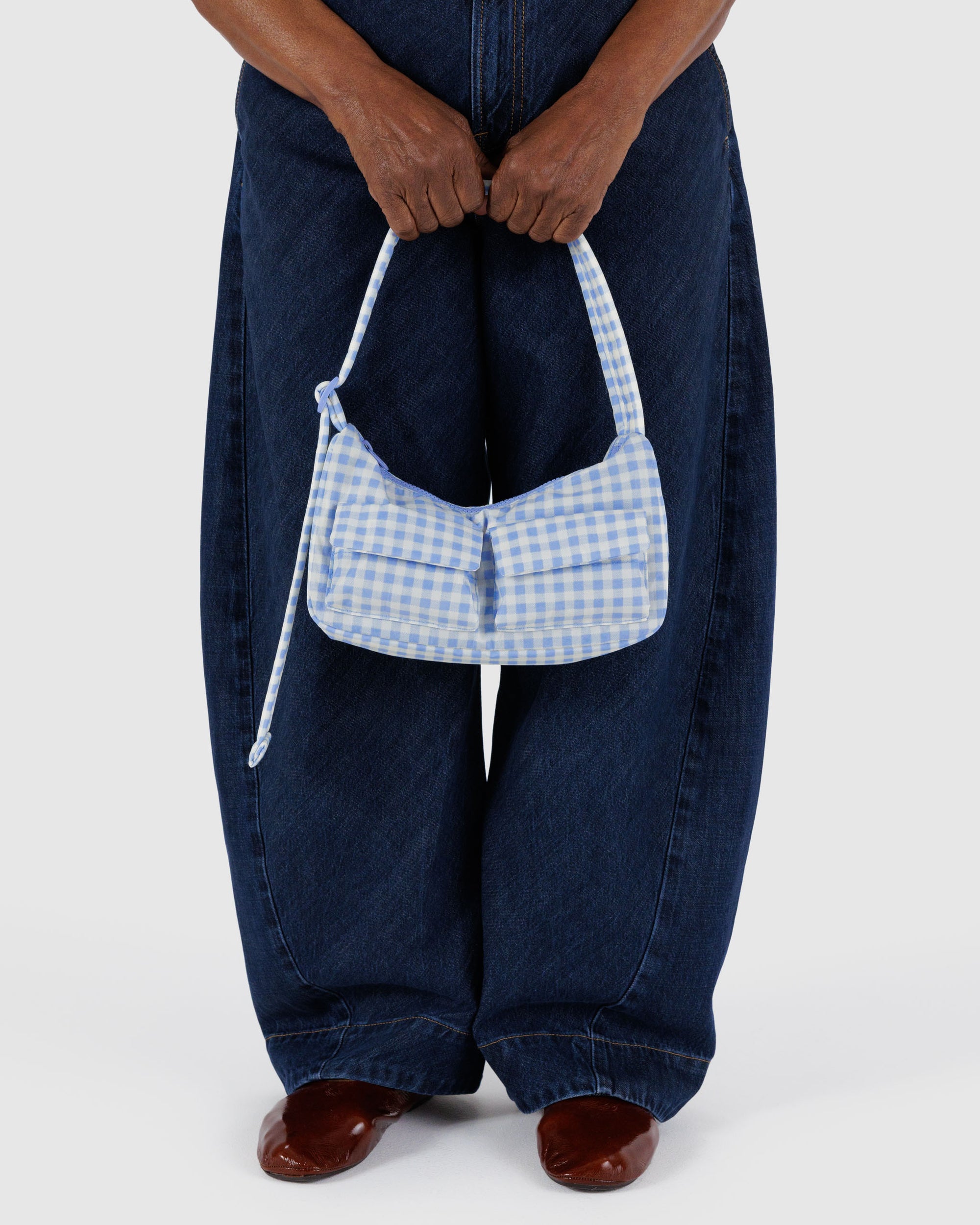 BAGGU Cargo Shoulder Bag - Light Blue Gingham