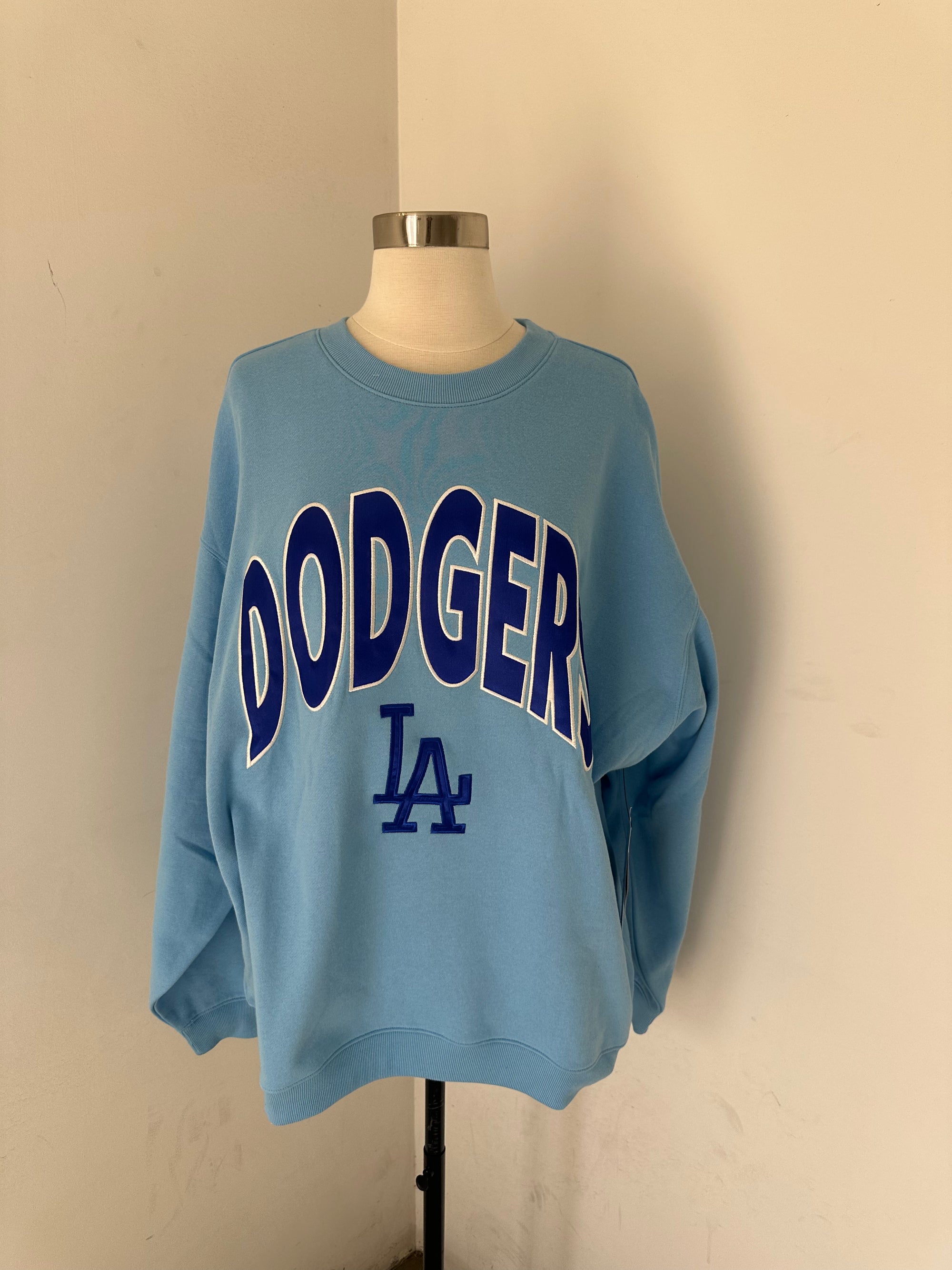 Dodgers Carolina Blue Satin Embroidered Crewneck