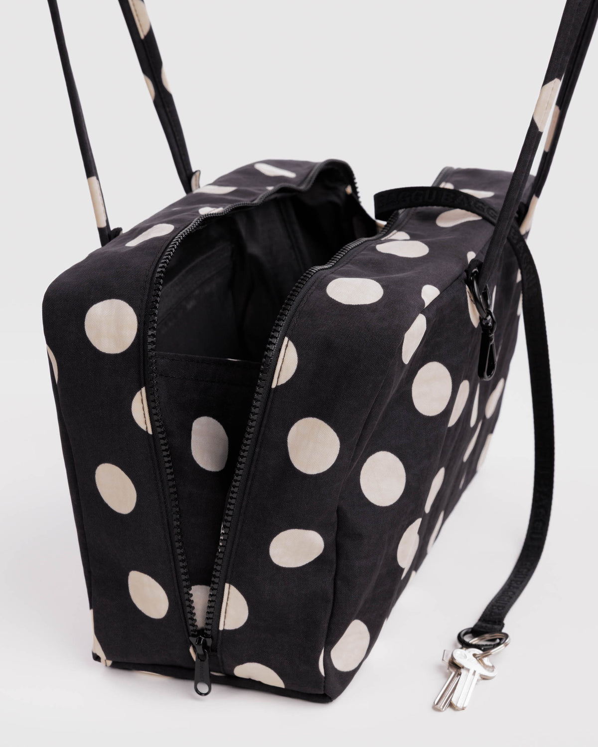 BAGGU Medium Nylon Bowler Bag - Black and Cream Polka Dot