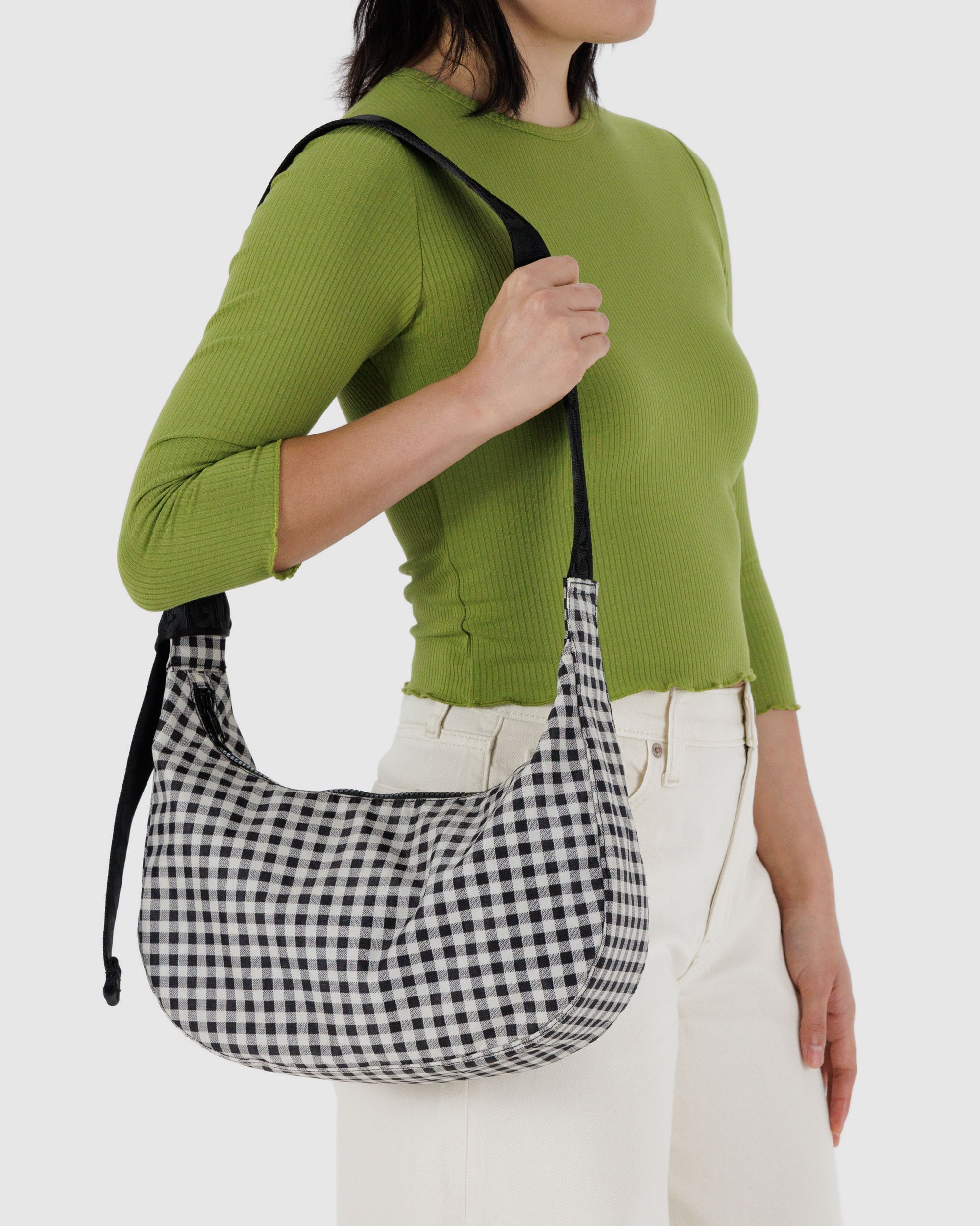 BAGGU Medium Nylon Crescent Bag - Black & White Gingham
