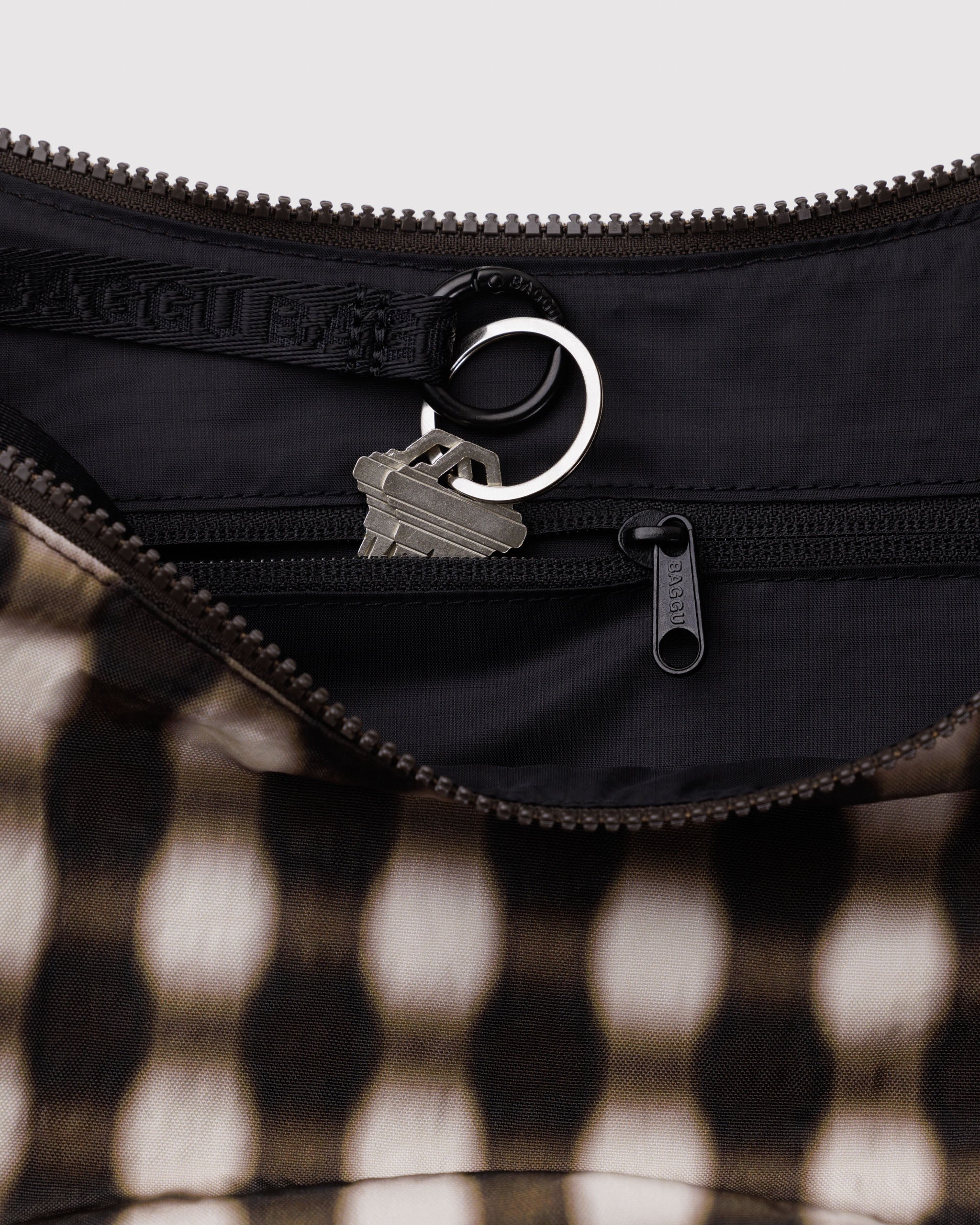 BAGGU Medium Nylon Crescent Bag - Blurred Gingham Brown