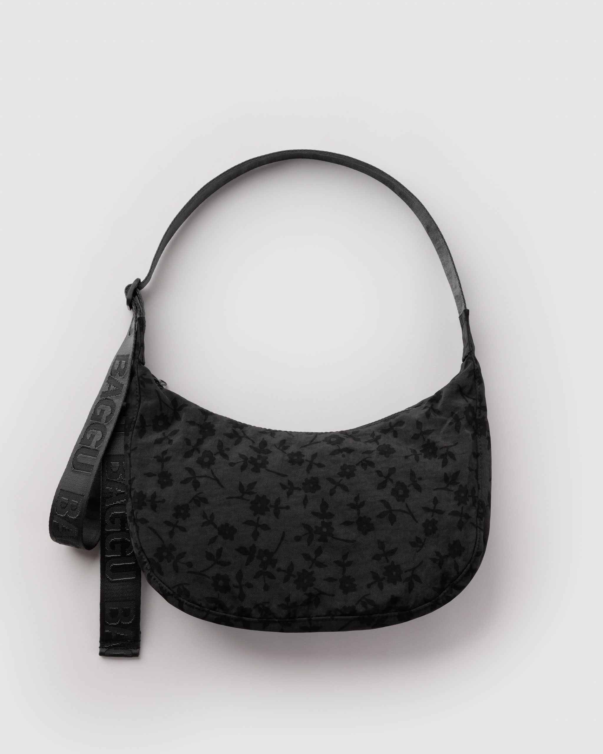 BAGGU Medium Nylon Crescent Bag - Charcoal Ditsy Floral