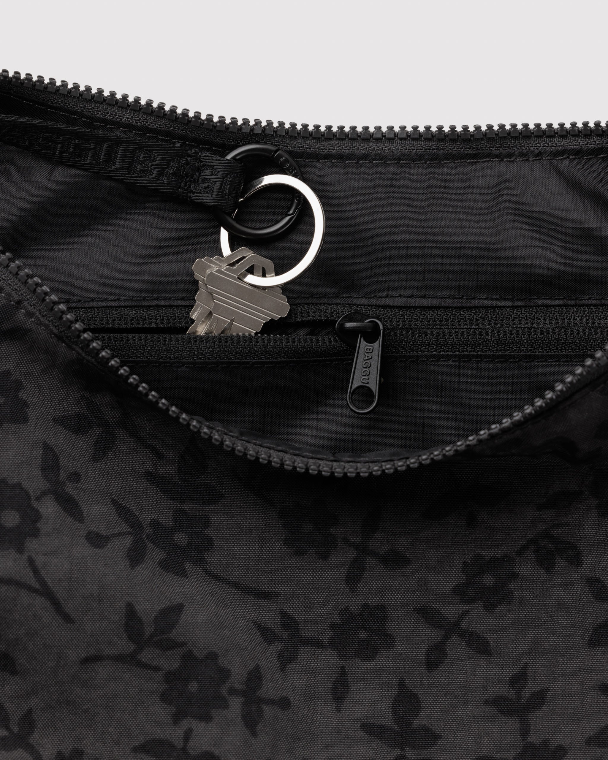 BAGGU Medium Nylon Crescent Bag - Charcoal Ditsy Floral