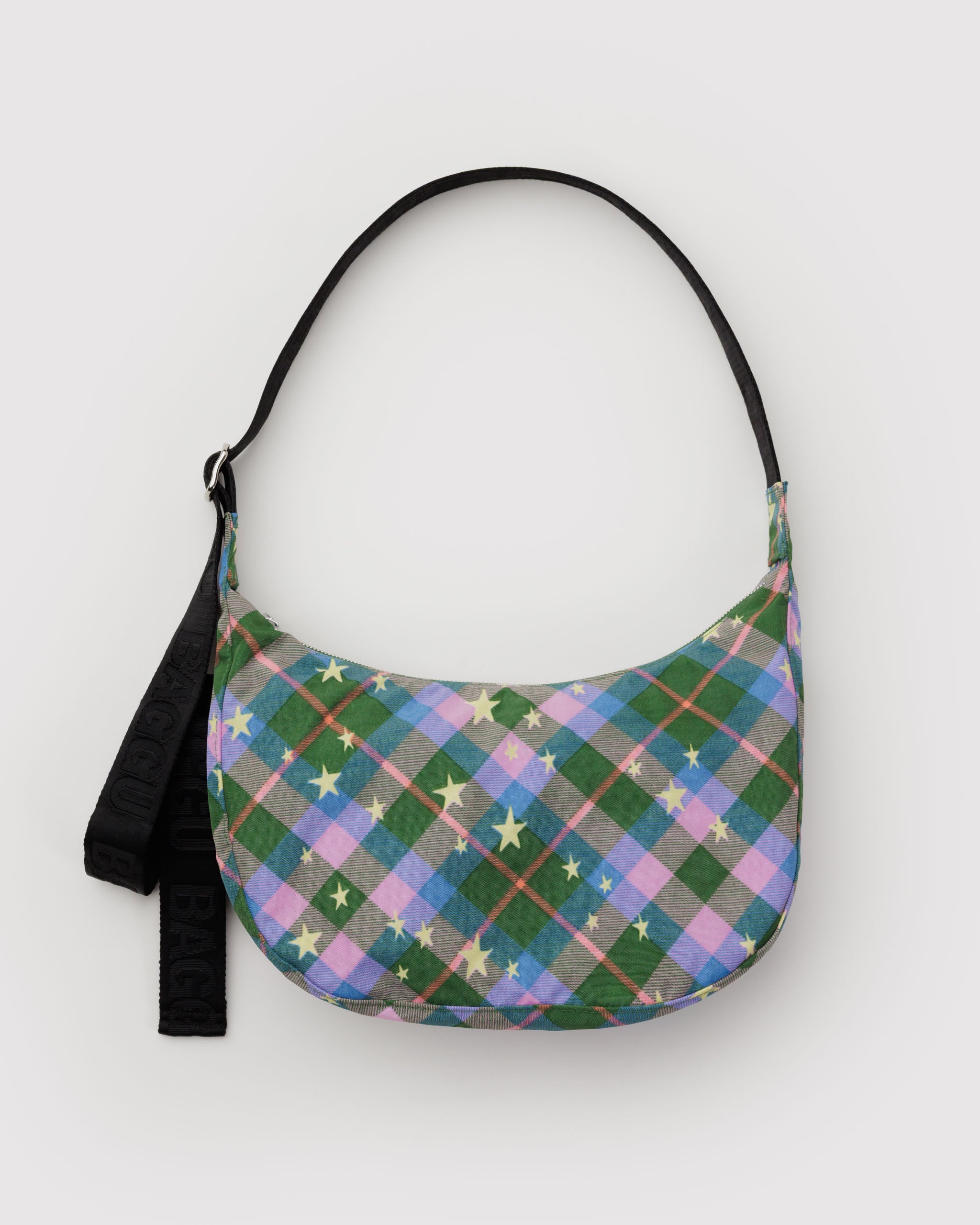 BAGGU Medium Nylon Crescent Bag - Green Star Plaid