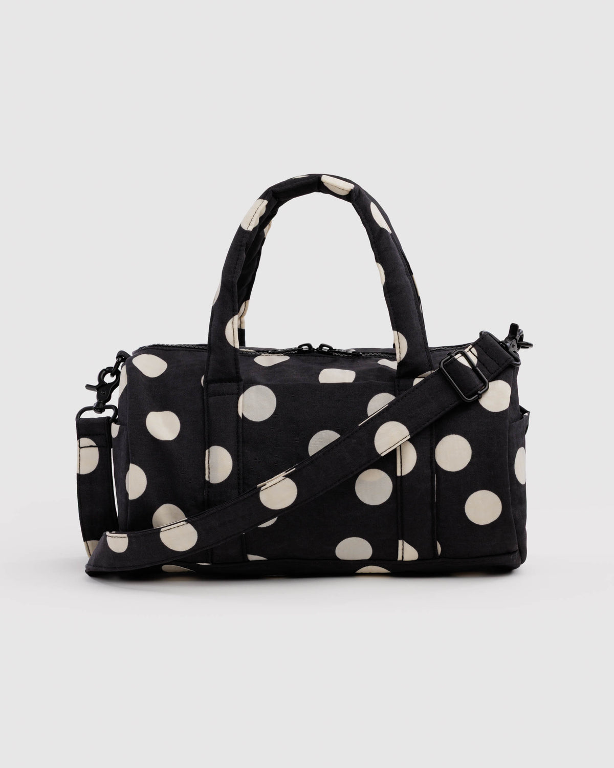 BAGGU Nylon Duffle Bag - Black and Cream Polka Dots