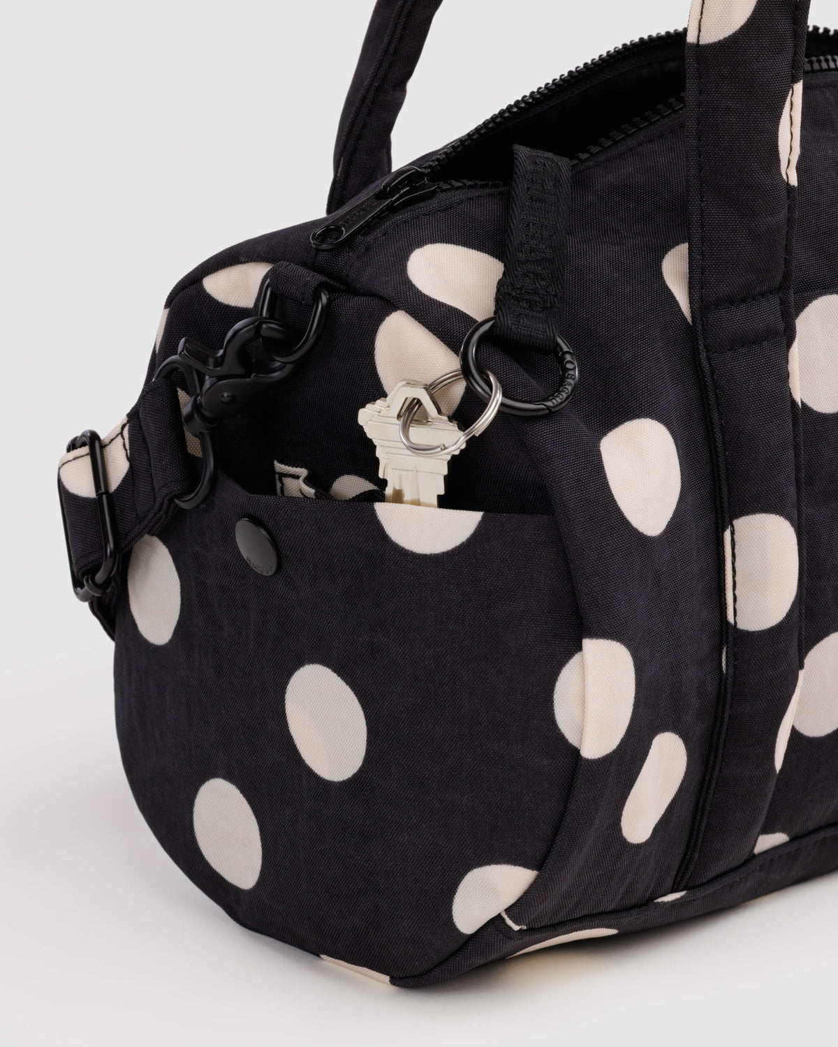 BAGGU Nylon Duffle Bag - Black and Cream Polka Dots