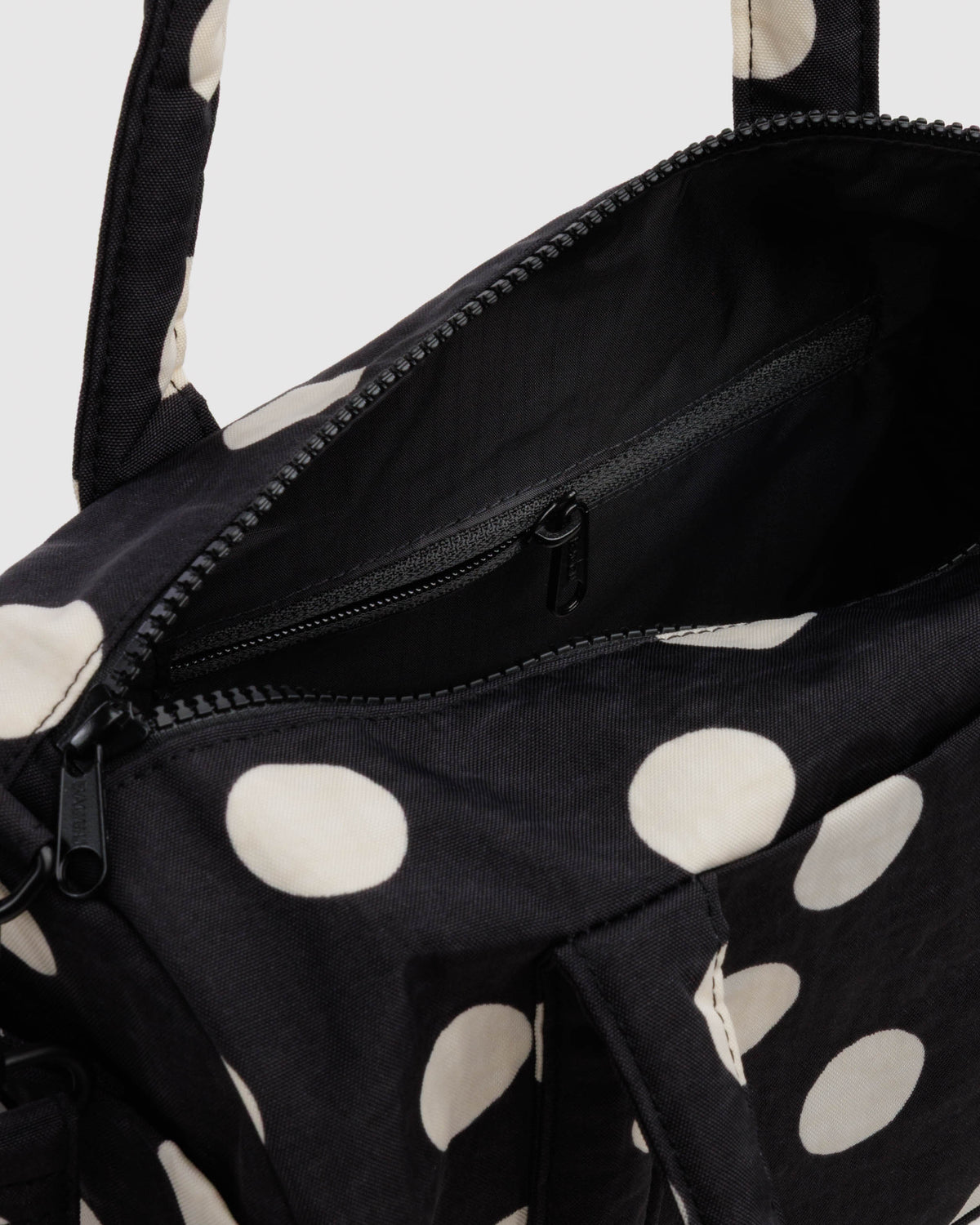 BAGGU Nylon Duffle Bag - Black and Cream Polka Dots