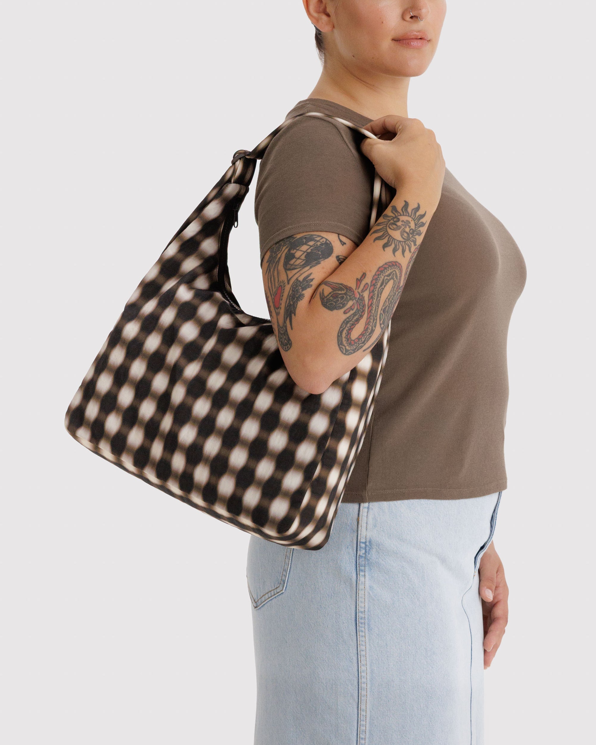 BAGGU Nylon Shoulder Bag - Blurred Gingham Brown