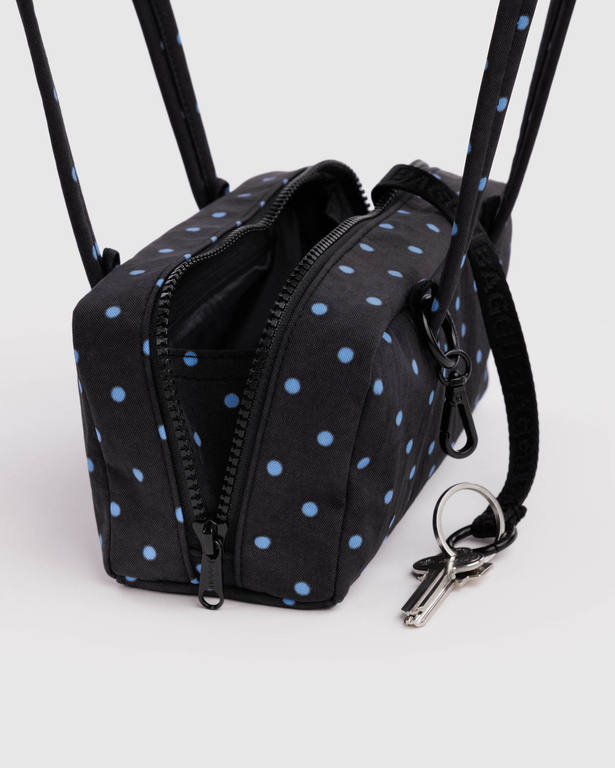 BAGGU Small Nylon Bowler Bag - Black and Sky Blue Micro Dot