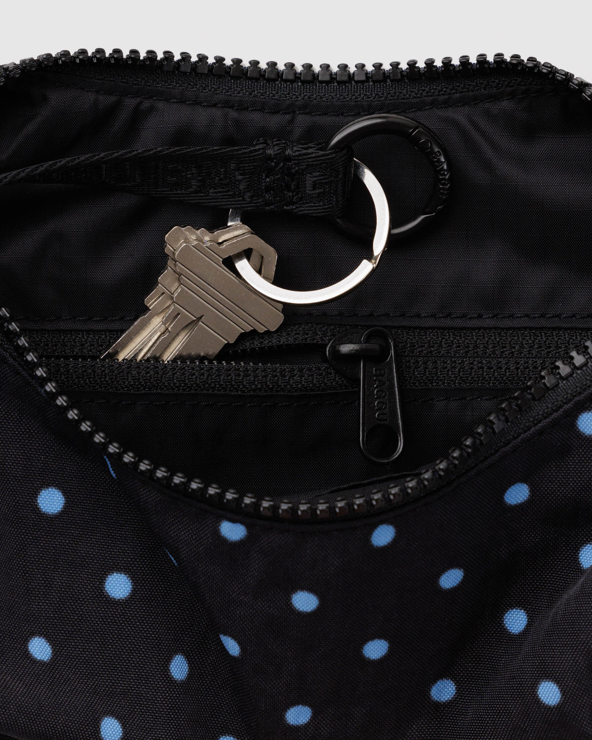 BAGGU Small Nylon Crescent Bag - Black and Sky Blue Micro Dot