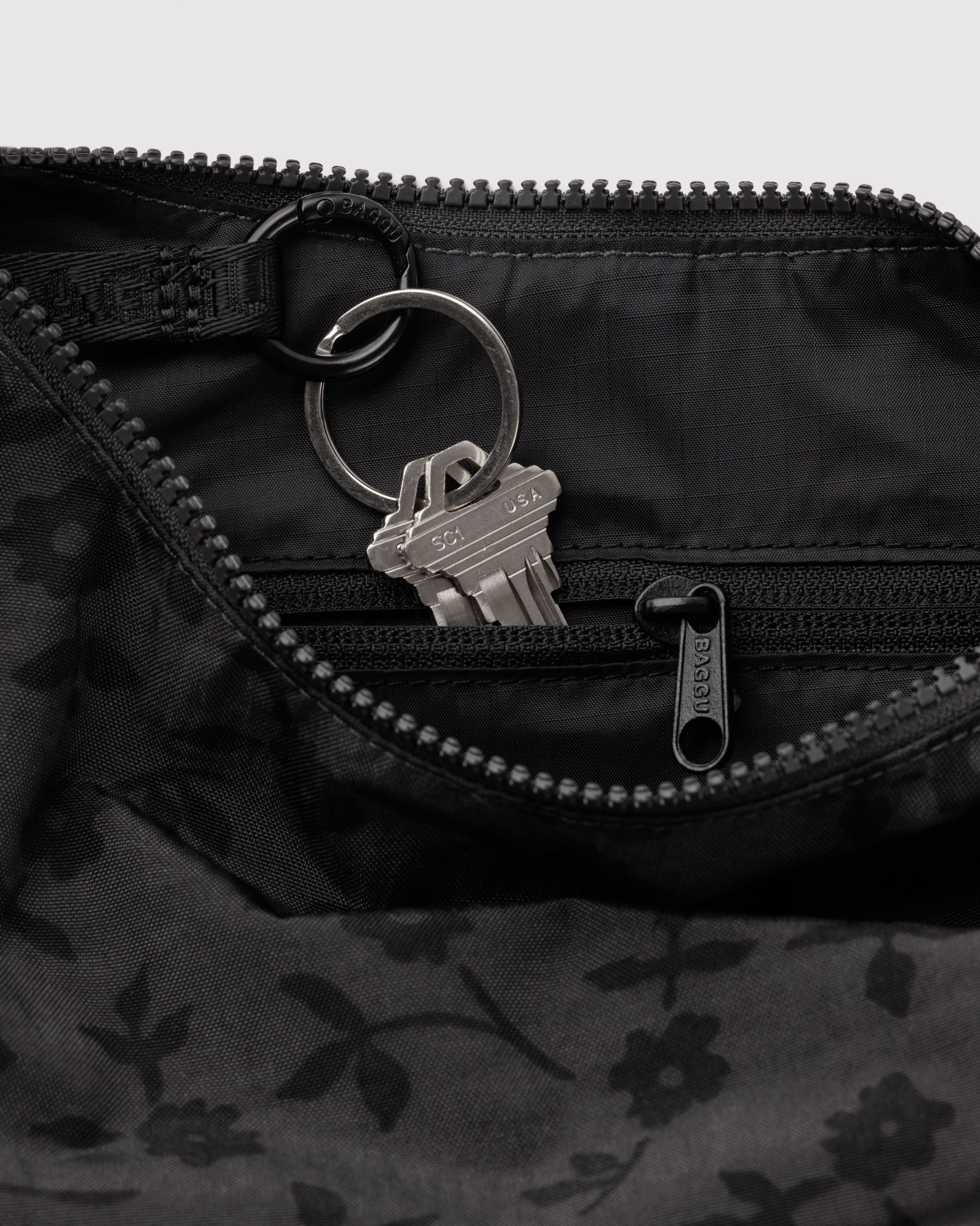 BAGGU Small Nylon Crescent Bag - Charcoal Ditsy Floral