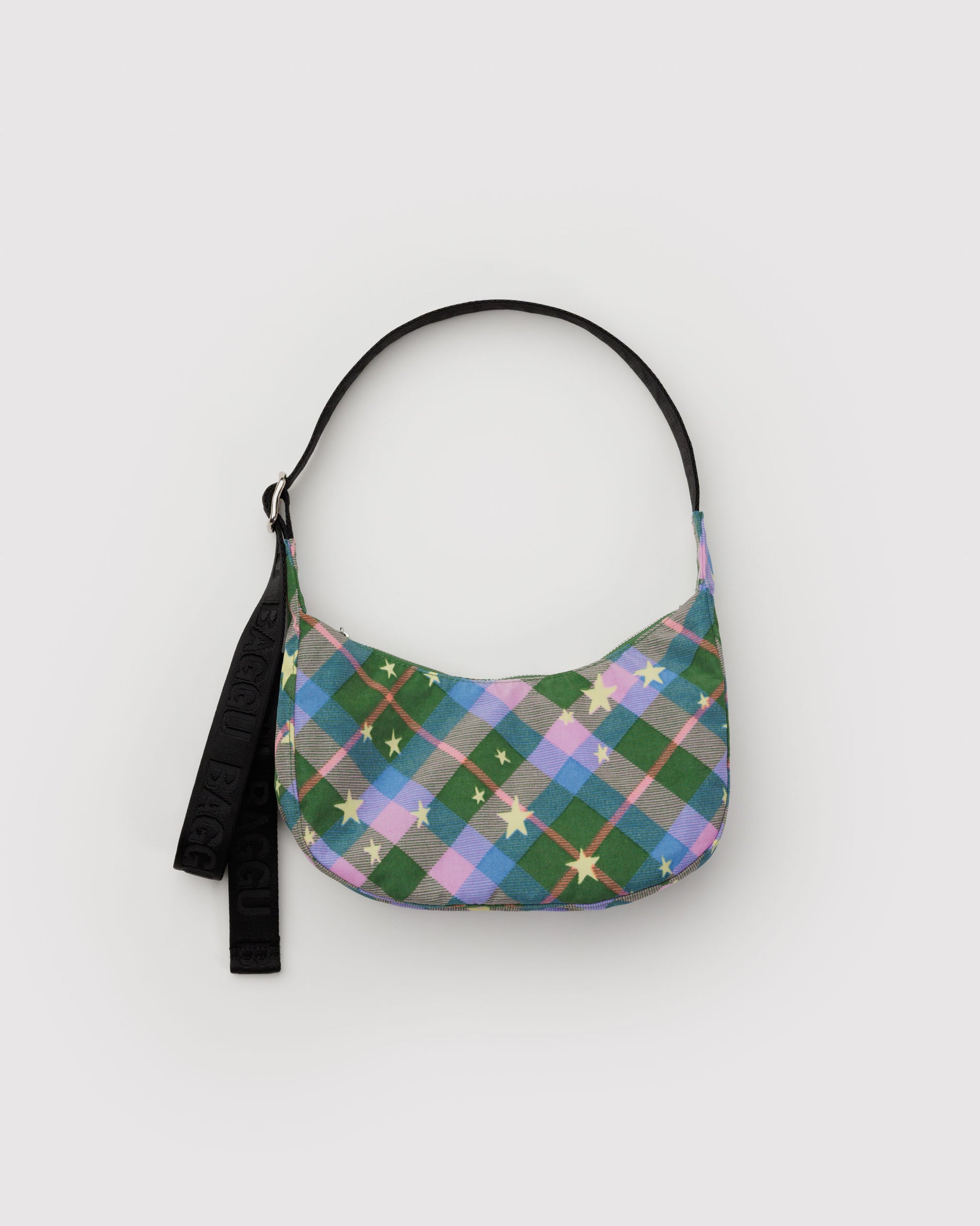 BAGGU Small Nylon Crescent Bag - Green Star Plaid