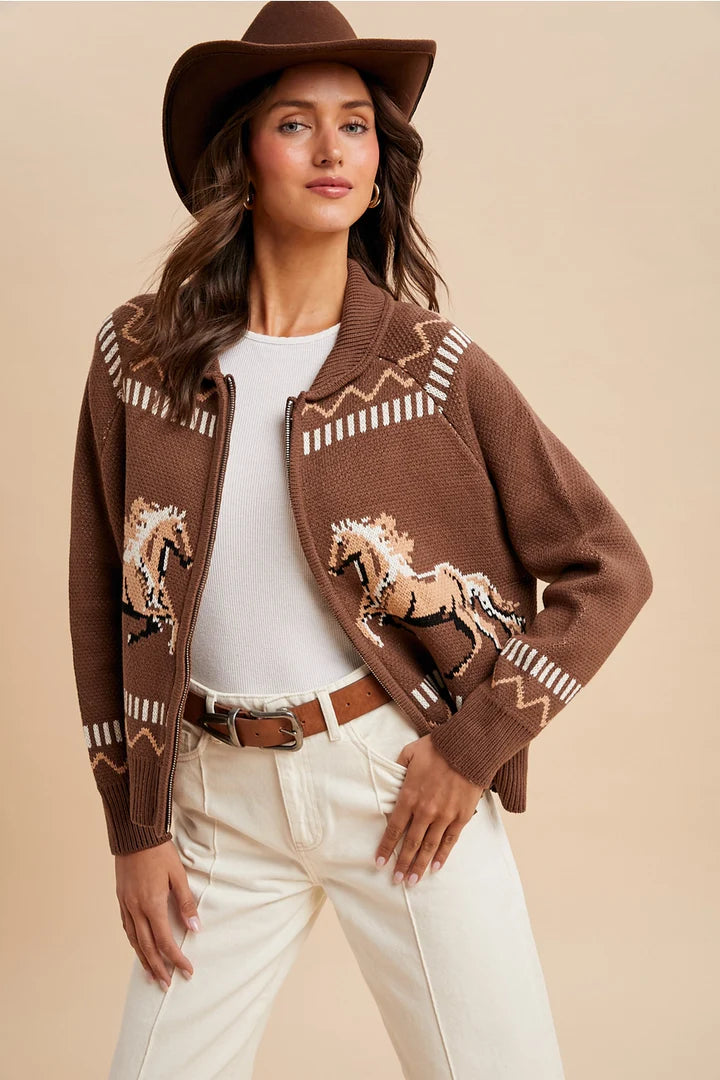 Brown Horse Knit Zip Front Cardiagn