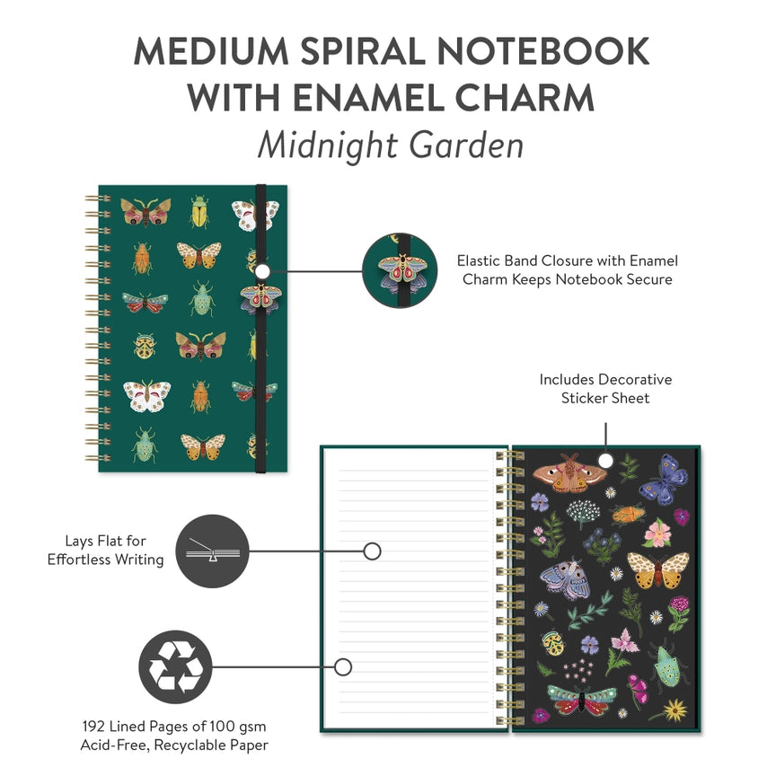 Midnight Garden Medium Spiral Notebook w/ Enamel Charm