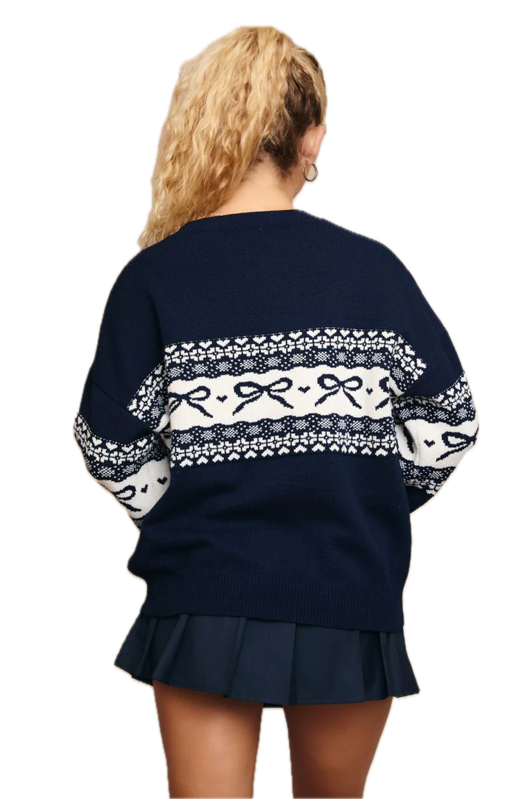 Navy Blue Fair Isle Bow Knit Sweater